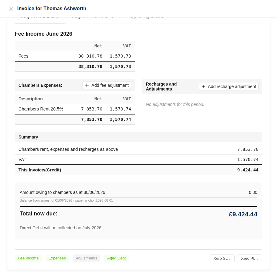 A member statement showing fee income, chambers rent, and the total now due